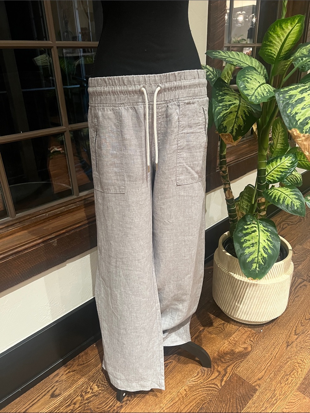 Athleta Light Gray Linen Drawstring wide leg pants